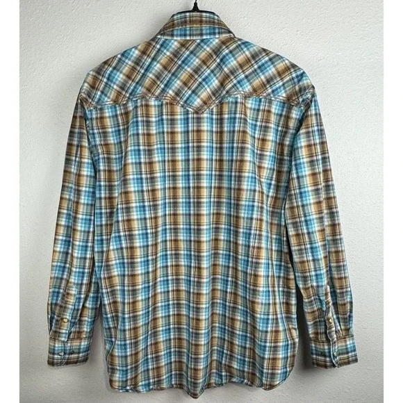 Panhandle Rough Stock XL Blue/Brown Plaid With Paisley Cuff Pearl Snap Shirt - Picture 3 of 8